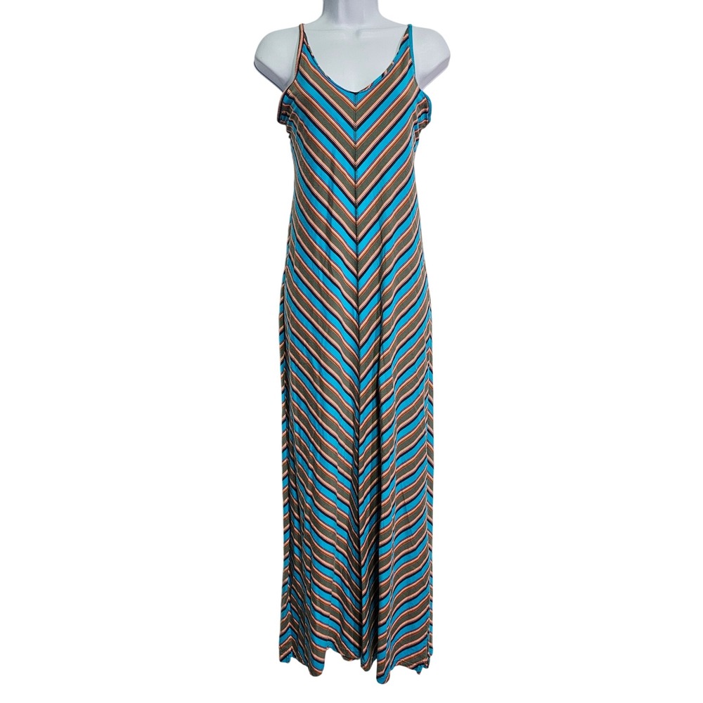 Patagonia Chevron Stripe Maxi Dress Blue Halter V-Neck Jersey Knit Shelf Bra‎ S
